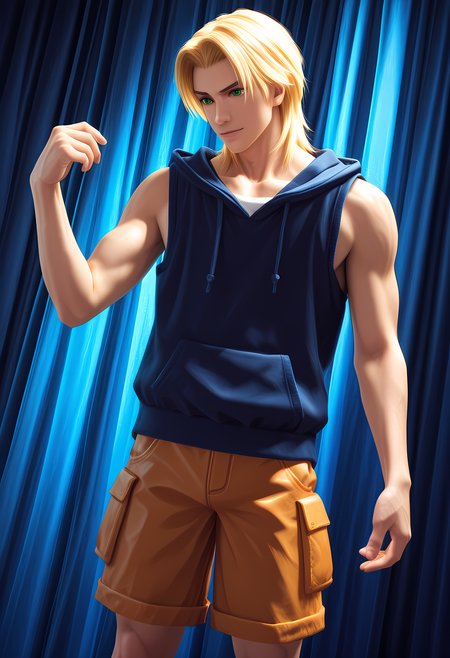 masterpiece, best quality, amazing quality, dutch angle, abstract background, BREAK
solo, male focus, 1boy, vf_l10n, blonde hair, curtain hair, green eyes, hoodie, sleeveless, undershirt, shorts, BREAK
 <lora:cfg_scale_boost:.6>  <lora:Lion_Rafale_-_Virtua_Fighter_-_ILXL:1>