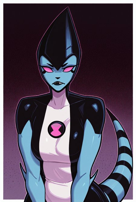 <lora:xlr8-08:1> xlr8, solo, pink eyes, blue skin, black lips, stripped tail, black mouth strip,, detailed background, black claws,     <lora:welwraith-guy90-Illust-Lycorisv1:1> welith, curvy, 1girl,, masterpiece, best quality, amazing quality, very aesthetic, absurdres, newest,, upper body, halftone effect, white borders, abstract background:1.2,