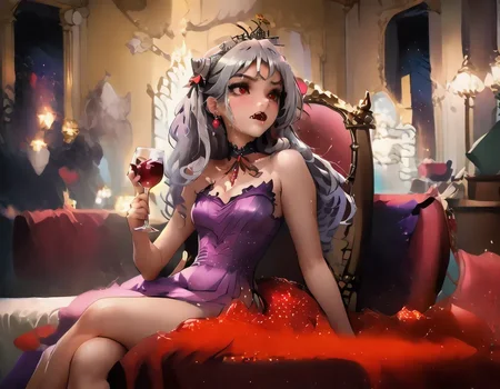score_9_up, score_9, score_8_up, score_7_up, rating_explicit, 1girl, sexy 18 year old female, tight butt, short, small breasts, petite body, g0thicPXL, bedroom, elegant purple dress, holding a glass of wine, glass of burgundy wine, sipping on wine, jewelry, eyeshadow, mascara, lipstick, blushing, sitting, legs crossed, Terakomari Gandesblood, Long silver hair, Red eyes, fair skin, Elegant gothic ta style, Red ribbons in hair, Vampire fangs, Delicate facial features, Small stature, Elaborate dresses, Jeweled hair ornaments, terakomari