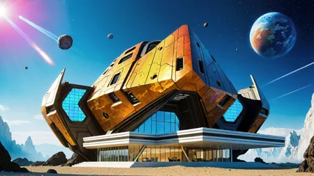 building, masseffect, designed by Bonnie Zacherle, architecture of a Masterpiece (Asteroid:1.3) , made from Hickory, with zalij ornaments, fauna, Kodak Ektar, science fiction, modern, robotic, ultrasharp, delicate, magical composition, highly color focused, enchanted, dynamic dramatic composition, ambient atmosphere, luxury, rich vivid colors