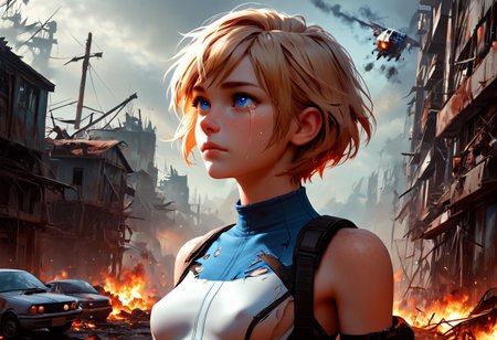 1girl, Masterpiece, 4k, ultra high detail, score_9, score_8_up, score_8, 18yo, petite, medium breast, short blonde hair, fcNeg, stunning blue eyes, freckles, white skin, small nose, innocent beauty, slim face,  skinny petite body, 
Torn sport clothes
Fear in her eyes, crying, 
Sideview,  Apocalyptic scene, burning skyscraper, burning city, derstroyed cars, a huge asteroid swarm in the sky, 
Many asteroids in the sky, 
End of the World, 
negative_hand, NightScapes,