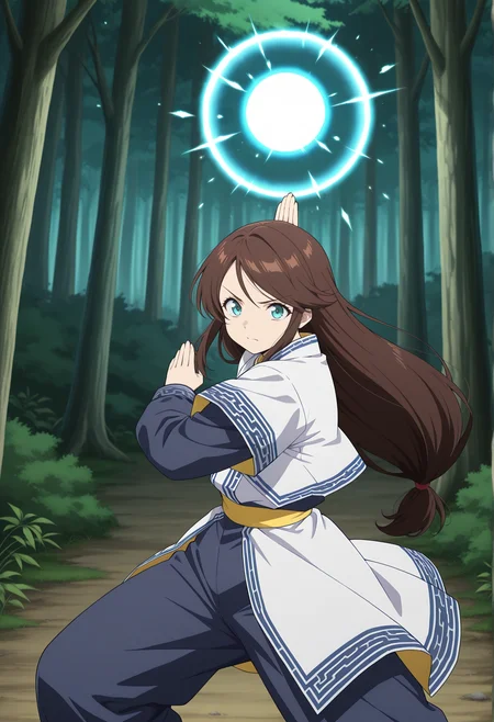 anime coloring, anime screencap, 1girl,  long hair, low tied hair, brown hair, aqua eyes, ainu, ainu clothes, long sleeves, pants, yellow sash, fighting stance, aura, energy sphere, outdoors, forest, cowboy shot, looking at viewer,   <lora:Maya_legaia_2:1>, masterpiece, best quality, amazing quality, very aesthetic, absurdres, highres, newest
