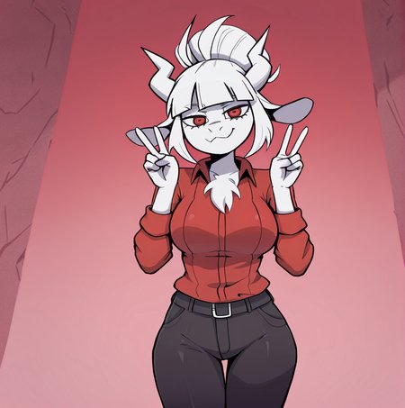 (masterpiece), (best quality), (ultra-detailed), amazing quality, very aesthetic, illustration, perfect composition, intricate details, absurdres, incredibly absurdres,, double v, smile, goatlucifer, white fur, body fur, red shirt, long sleeves, black pants, collared shirt, red eyes, breasts,  goat girl, <lora:fdfsad:1>, lucifer \(helltaker\)