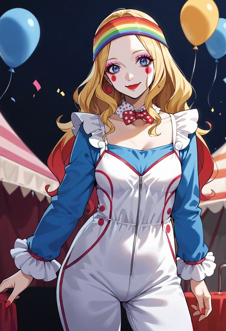 score_9, score_8_up, source_anime
1 girl, solo, cute face, headband,
p5chihaya, blonde hair, long hair,
cheerful clown character, red clown nose, white facepaint, (brightly colored jumpsuit:1.4), multicolored patches, polka dots, large ruffled collar, oversized cuffs, bright red nose, dramatic eye makeup, colorful eyeshadow, wide red smile, wild voluminous hair, rainbow curls, large polka-dotted bowtie, confetti, balloons, playful scene, circus tent background, unicycle, balloon animals,
cowboy shot,
masterpiece, best quality, ultra detailed,