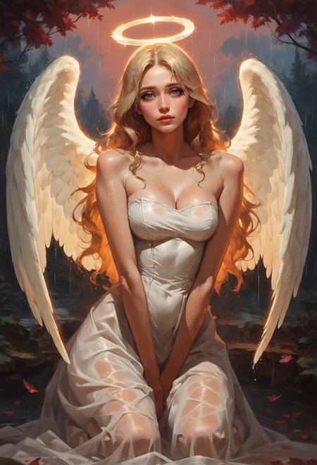 score_9, score_8_up, score_7_up,  1girl angel with 2 large angel wings and a halo, perfect curves, wearing a white dress, strapless, suggestive pose, romantic, solo, detailed eyes, looking at viewer, kneeling, forest, nature, forest meadow, beautiful, looking at viewer, green eyes, begging, medium breasts, fantasy, from front, rain, romantic, sunset, (blonde hair, mid parted hair, straight hair, long hair:1.2), pronounced blush, d4rk01l   <lora:sdxl\Concept Art Twilight Style SDXL_LoRA_Pony Diffusion V6 XL:0.8> <lora:sdxl\vixon_pony_oil:0.7>