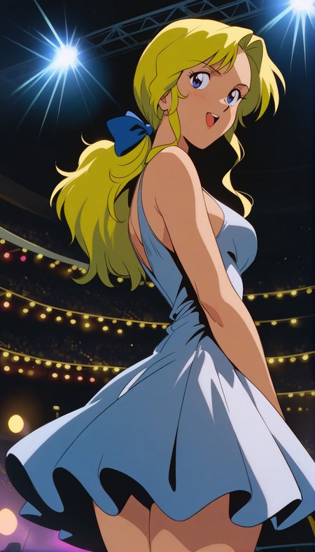 masterpiece,best quality,very aesthetic,absurdres,1990s \(style\),Electra XL,1girl,solo,cocktail_dress,blonde hair,Yellow eyebrows,ponytail,long hair,blue eyes,hair bow,<lora:Electra XL:0.9>,concert,:d,cowboy shot,