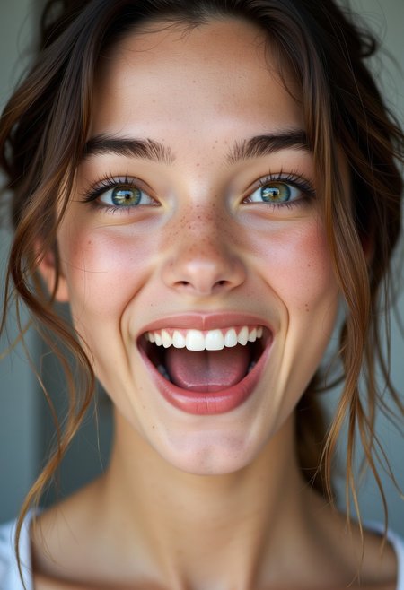 A stunning teenage Swiss girl with flawless model-like facial features, flawless light pale skin, youthful innocent charm, minimal makeup, and large captivating eyes. She is ecstatic and has a huge maniacal smile.  Her eyes are unnaturally large and colorful.