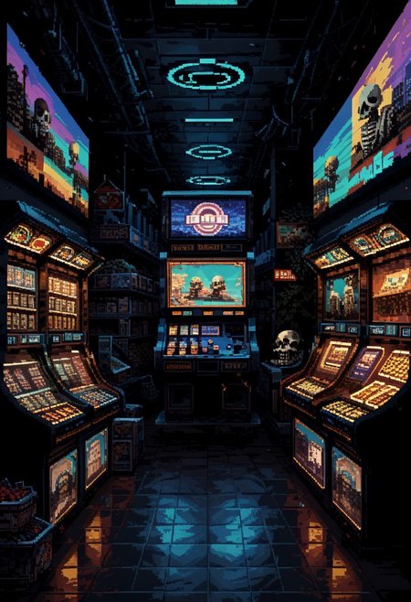 score_9, score_8_up, score_7_up, yamer_pixel_fusion, pixel art, skeleton in a cowboy hat, storefront, mall, 1989s, retrowave, hyper-detailed, neon, arcade, lofi, d3p1x3l, pixel art