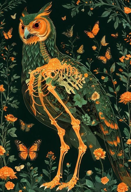 ral-granlum, flat illustration of an avian monster intricate orange floral patterns adorning its skeletal structure, facing to the right. The creature stands amidst a serene forest backdrop, surrounded by various trees, flowers, and butterflies. Its body is outlined with metallic gold. The color palette is dominated by soft pastels, with the creature's skeleton being the most prominent feature, contrasting beautifully with the floral elements.