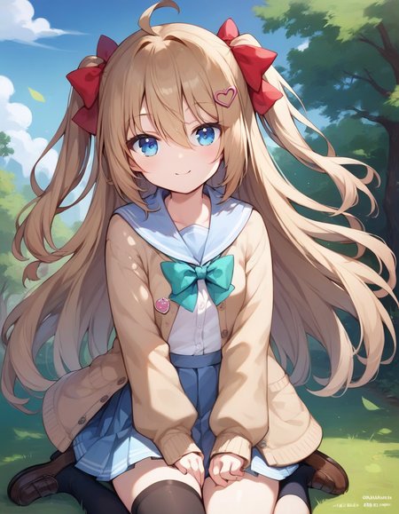 score_9,score_8_up,score_7_up,score_6_up BREAK official art,solo,outdoors,smile,looking at viewer,facing viewer,Neuro-sama,ahoge,very long hair,long hair,brown hair,two side up,hair bow,red bow,hairclip,heart hair ornament,hair between eyes,bangs,blue eyes,school uniform,blue sailor collar,brown cardigan,open clothes,open cardigan,white shirt,green bow,puffy long sleeves,sleeves past wrists,button badge,small breasts,blue skirt,pleated skirt,bandaid on knee,single thighhigh,asymmetrical legwear,black thighhighs,single sock,loafers,brown footwear,<lora:Neuro-Sama(vtb)-Pony-000015:1.1>,<lora:Smooth Anime Style LoRA XL>,