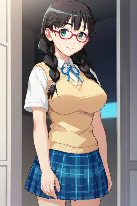 score_9, score_8_up, score_7_up, source_anime, rating_safe, intricate details, anime screencap, official style, 1girl, solo, <lora:PONY_Megumi_v2:1>, megumi, black hair, aqua eyes, glasses, red-framed eyewear, large breasts, white shirt, short sleeves, yellow sweater vest, blue skirt, plaid skirt, thighs, looking at viewer, smile, indoor, cowboy shot