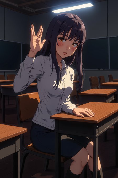 Anime schoolgirl is sitting in an empty classroom. She is giving a v-shaped vulcan salute hand gesture with fingers parted between the middle and ring finger and with extended thumb.Fantastic lighting. Detailed shadows.intricate details, vivid colors, hyper-detailed, ultra-sharp<lora:VULCANSALUTE_FLUX:1.3><lora:RetroAnimeFluxV1:0.3><lora:NeonFantasyFLUX:0.3>
