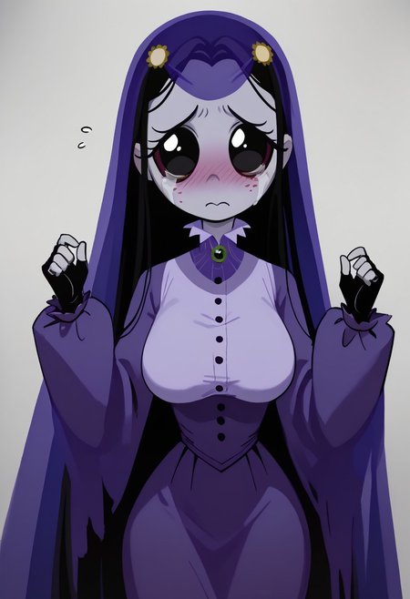 score_9, score_8_up, score_7_up BREA, MiseryRG, 1girl, black hair, black eyes, pale purple skin, tears trail, purple veil, yellow sunflower-shaped hairclips, white-collared purple buttoned dress, long purple sleeves, green spider neck cameo, fingerless black gloves, busty, curvy, big breasts, big hips, tiny waist, embarrassed, blushing, looking at viewer,