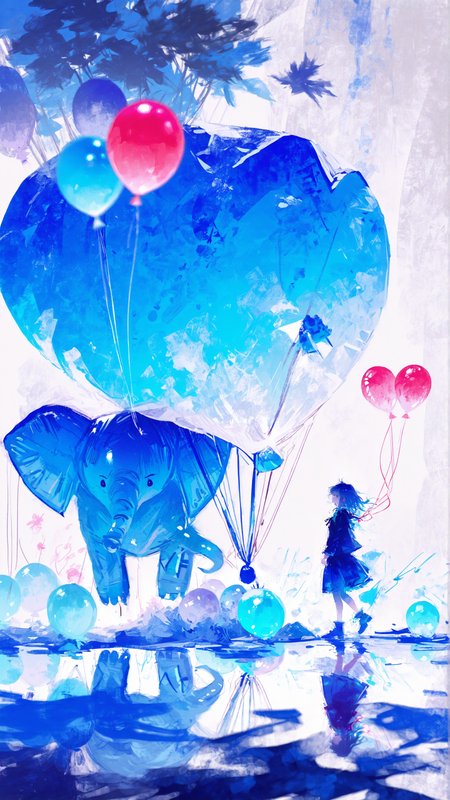 masterpiece, newest,absurdres,incredibly absurdres, best quality, amazing quality, very aesthetic, surreal, blue theme,
1woman, balloon,pink balloon, elephant balloon, blurry foreground, 
 <lora:fuyumur4s4ki_style:1> fuyumur4s4ki_illu  <lora:KonYa666:0.7> kony4666