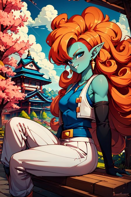 score_9, score_8_up, score_8, medium breasts, (curvy), cute, eyelashes,       BREAK, ,  zZangya, blue eyes, blue skin, pointy ears, orange hair, curly hair, long hair, big hair,  jewelry, necklace, detached sleeves, bare shoulders, vest, gloves, white baggy pants, <lora:Zangya_Dragonball_PDXL:0.8>, , BREAK, sitting on bench, side view, smile, looking at viewer, cowboy shot,  ,,, BREAK, pnkBldng, sky, day, cloud, tree, blue sky, building, architecture, east asian architecture,  ,,, BREAK, embedding:zPDXL, Expressiveh,  ,,, <lora:PinkBuildingsPDXL_v2:0.6>, <lora:SDXLFaeTastic2400:0.5>, <lora:Expressive_H-000001:0.4>