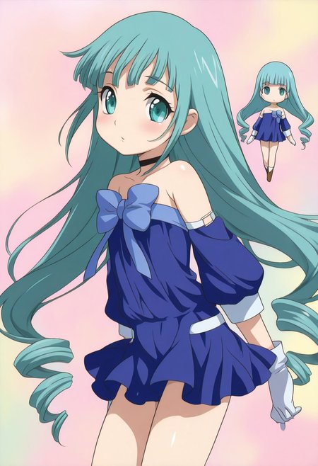 masterpiece, best quality, amazing quality, very aesthetic, high resolution, ultra-detailed, absurdres,  1girl, kg_lumiere, blue dress, short dress, black choker, bare shoulders, detached sleeves, white gloves, blue bow, breasts, aqua hair, blunt bangs, long hair, aqua eyes, chibi, cute, colorful, pastel,
