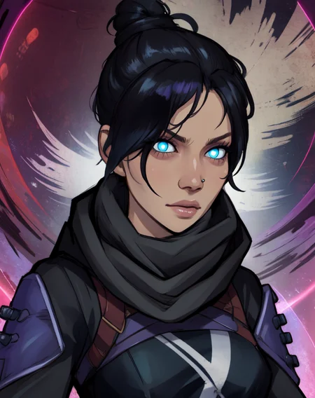 wraith,black hair, single hair bun,  looking at viewer,  blue eyes, 
scarf, nose piercing, white gloves, black shirt, long sleeves, 
standing,   upper body,  serious, 
portal \(object\),  
(insanely detailed, beautiful detailed face,beautiful detailed eyes, masterpiece, best quality),solo, <lora:wraith:0.8>