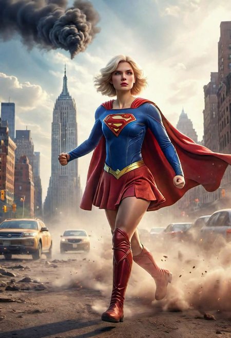 (masterpiece), 
blonde, wearing spcc costume with cape,
cute face,
fullbody,
HDR, highly detailed, 32k, amazing quality,
New York background, ultra detailed, , smoke, dust Particles,stylized by Hans Zatzk, vibrant Ray,