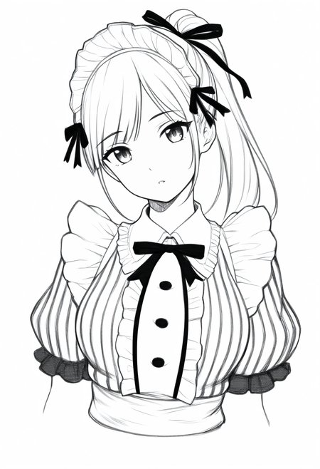 masterpiece, best quality, 1girl, solo, TsurAm, long hair, ponytail, hair ribbon, maid headdress, black ribbon, striped dress, center frills, puffy short sleeves, white apron, simple background, cropped torso, parted lips, head tilt, looking at viewer, greyscale, monochrome, lineart, sketch, graphite \(medium\), traditional media, <lora:ChamTsurugaAmiNoob:1>