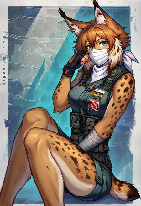 Score 9, Score_8_up, Score_7_up, ng_deepnegative_v1_75t, negative_hand, charturnerv2, knee-deep portrait of adult female,  banners, starship, high technology, shirt, fingerless gloves, soldier uniform,, , anime, Arknight provens, detailed background, cyberpunk, bandana, facemask, furry,  lynx species,  lynx tail, lynx ears