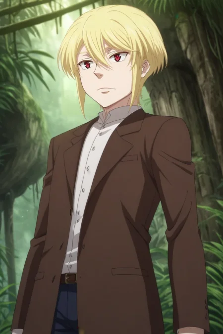 score_9, score_8_up, score_7_up, source_anime, rating_safe, intricate details, semi-realistic, , , 1boy, solo, male focus, <lora:william_james_moriarty_pony:1>, william_james_moriarty, blonde hair, red eyes, short hair, , , aged down, from below, jungle, rainforest, ruins, day, villain pose, heart eyes, , <lora:sdxl_lightning_8step_lora:1>