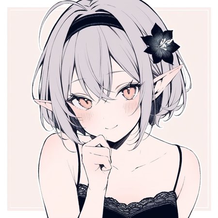 1girl, 
solo, elf, brown eyes, hand on own chin, hair ornament, looking at viewer, hair flower, smile, dress, grey hair, portrait, short hair, closed mouth, collarbone, flower, light blush, hairband, hair between eyes, sleeveless dress, black dress, white background, sleeveless, pointy ears, blush, cropped torso, hand up, simple background, bare shoulders, black hairband, antenna hair, sidelocks, 
masterpiece, best quality,  safe
 <lora:mki-a31-dodosako-v1-000070:1>
