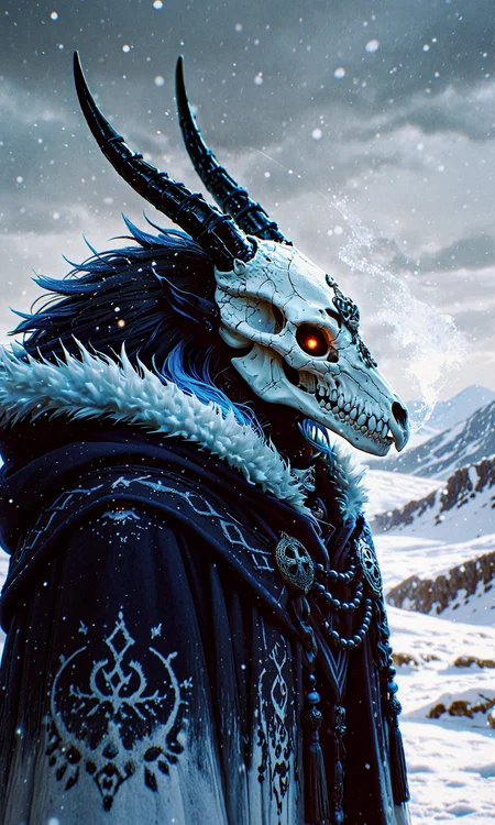 masterpiece, best quality, amazing quality, very aesthetic, absurdres, newest
extreme close-up, upper body, side view
mysterious shaman warrior, wearing an ornate animal skull mask with large black horns, intricate engravings on the bone
dark blue hood draped over shoulders, heavy fur cloak dusted with snow, cold breath visible in the air
icy fjord, snow-covered mountains, overcast sky, freezing atmosphere
moody and diffused, soft cold highlights, subtle shadows, atmospheric depth
wtfisthis, 748cmstyle <lora:spo_sdxl_10ep_4k-data_lora_webui:0.8> <lora:reij-detaILer v2:0.4> <lora:748cmSDXL:0.3> <lora:Wtf-is-this-LoRA:1>