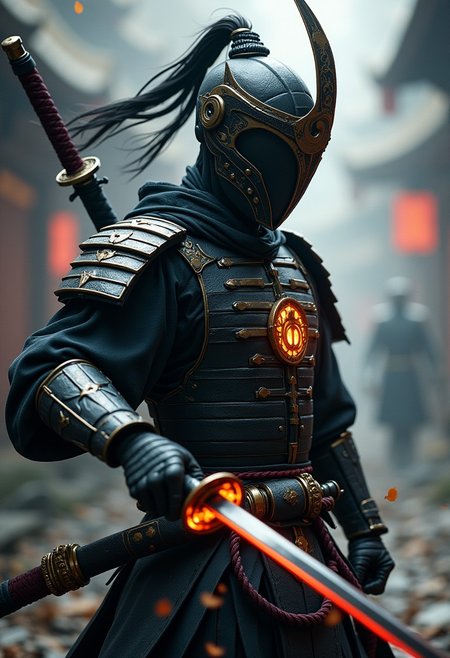 a stunningly beautiful oriental cyborg samurai, performing a slashing sweep with a katana held in both hands, motion blur on the katana Perfect Composition, realistic photographic image, RAW photo highest quality, perfect directional lighting, high contrast, viewed from in front of them