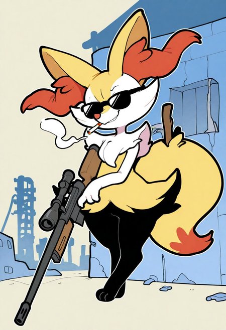 itsunknownanon, solo,
braixen, sniper rifle, sunglasses, cigarette, smirk, standing,resting gun, smocking, canon steam, abandoned building background