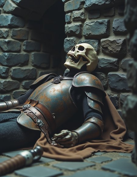 <lora:80s_Fantasy_Movie:1> ArsMovieStill, 80s Fantasy Movie Still
cinematic scene of a dungeon, cobblestone walls, skeleton laying against the wall wearing rusty armor showing a knight who lost his fight, a broken sword lays on the floor,  opened skeleton jaw, opened mouth, cracked skull
