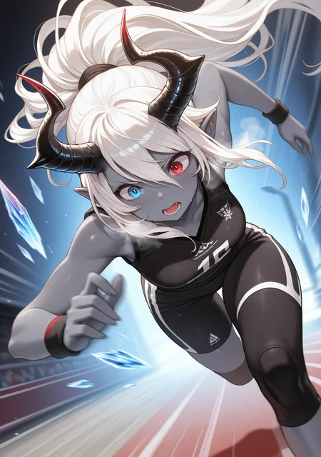 masterpiece,best quality,amazing quality,
<lora:flameglass:0.6>,flameglass,
1girl,horns,heterochromia,red eyes,long hair,blue eyes,pointy ears,grey skin,white hair,sportswear,running,dutch angle,heavy breathing,ponytail,speed lines,(dynamic pose:1.2),(motion blur:1.5),