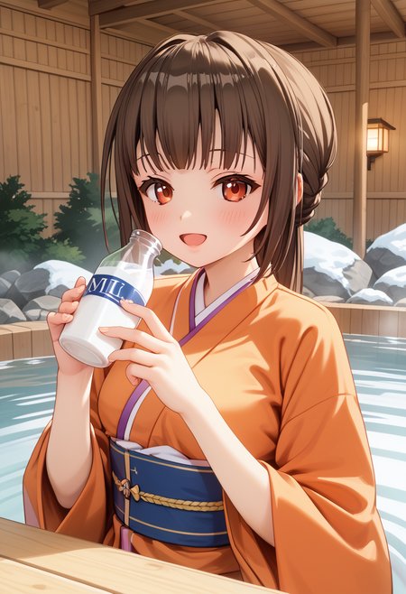 score_9, score_8_up, score_7_up, BREAK source_anime, (masterpiece), (best quality), 1girl, chihara_yukine, orange colored kimono, onsen, red colored eyes, brown colored hair, holding glass milk bottle, looking at viewer, blush, opened mouth, (ultra detailed), happy mood, nighttime, upper body only,  <lora:chihara-local:0.9>