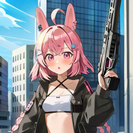 by hoodxart, 2D anime, pipkin pippa, 1girl, solo, animal  ears, pink eyes, pink hair, blush, bangs, ahoge, hairclips, hair ornament, braid, (small breasts, flat chest:1.5), tactical jacket, criss-cross halter, holding a gun, 
standing, upper body, in a metropolis, sunny day, 
 <lora:pipkin_pippa_XL:1>