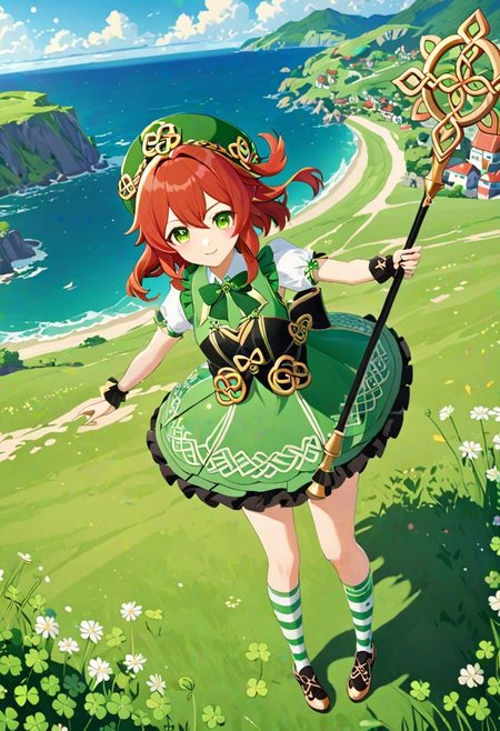 1girl, mahou shoujo, magical girl, full body, wavy ginger red hair, bow, green dress, (4 leaves clover, celtic knots:1.1), black belt, black shoes, green bowtie, holding magical staff, black and white stripe socks, green hat, detailed meadow rock seaside town background, masterpiece, best quality, colorful, natural dim lighting, Genshin Impact Style, idol dress