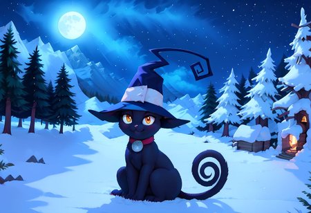 score_10 , score_9_up, score_8_up, score_7_up , score_6_up, vibrant colors, shiny_skin , prefect lighting, detailed image, snoozing , BREAK, 
((Landscapes)) , scenery forest , snow , nature , night , moon , realistic , rivulet , mountain , moonlight flower, giant glowing tree hut , glowing tree ,BREAK, 
feral , Cblair , cat , witch hat , sitting ,