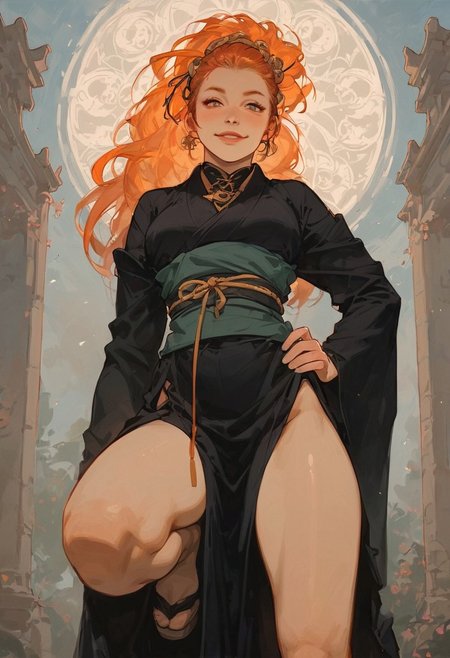 score_9, score_8_up, score_7_up, 1girl, on one knee, hand on ground, orange hair, long ponytail, standing, tiny perky breast, traditional Japanese clothes, legs spread, disguise smile, focus from below , push hip forward, (((lean back))), looking at viewer, fit body, tiny waist, wide eyes, wide hips, ancient Japanese city background, dark lingerie under clothes,