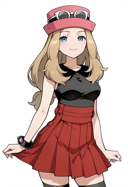 masterpiece, best quality, medium breasts,  BREAK,  zzSerena, solo, long hair, blue eyes, eyewear on headwear, pink headwear, eyelashes, sleeveless shirt, black shirt, bracelet, high-waist skirt, red skirt, black thighhighs,<lora:SerenaPokemonIXL_v2:1.0>, smile, looking at viewer, cowboy shot,   <lora:ShoujoRamuneIXL:1.0>,