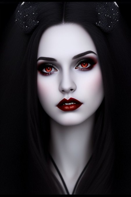 Photo of vampire girl, 25 years old, (beautiful:1.75), (very pale skin:1.35), (gothic makeup:0.99), (Red Lipstick:1), (black hair), (anime:0.35), (oval face:0.25), (night), 10 minutes before the world will end, hyper-realistic, ultra-detailed, insanely detailed, 4k, realistic 8k, shot on portra 400