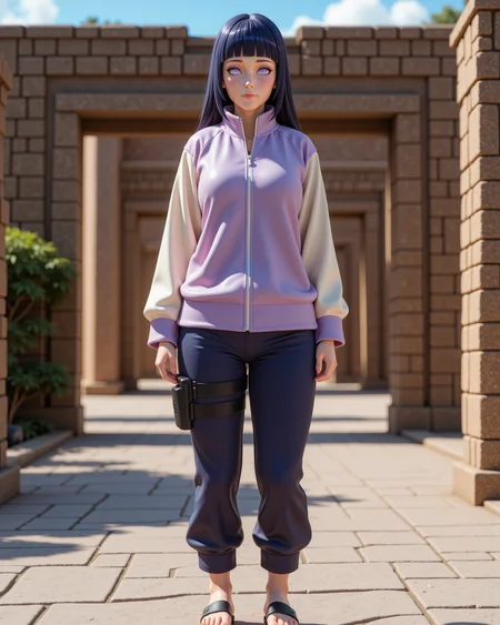 -looking at viewer, outdoors daylight, a 20 year old adult mature woman.
3d CGI Style,  front view photo of.
<lora:Naruto_-_Hinata_v2-000030:1> n-hinata, purple eyes, blunt bangs, black hair lavender and cream zip-up jacket, navy blue pants, black open-toed shinobi sandals, Konoha forehead protector
Upper Body view passport style