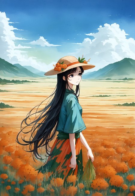 score_9, score_8_up, score_7_up,source_anime,  masterpiece, best quality, very aesthetic, absurdres, landscape, watercolor, ink, intricate, 1girl, black eyes, traditional chinese farmer, long hair, black hair, hat, crop field, harvest, 
