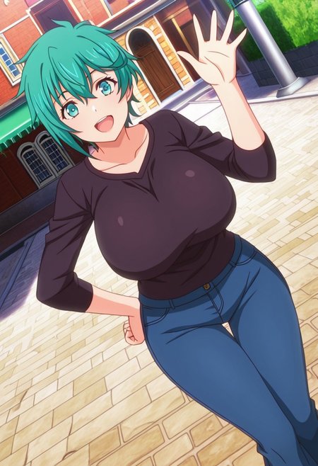 general,highres, ultra-detailed,very aesthetic,best quality ,best hands,best eyes,easynegative,
dynamic anglre, dutch angle, anime cloring,anime screencap,
1girl solo,looking at viewer,town,outdoors,smile,open mouth,waving hand,hand on hip,
Yulang Mirage,green hair,short hair,green eyes,huge breasts,shirt,pants,