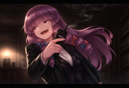 best quality, masterpiece,

1girl, solo, patchouli knowledge,
alternate costume, formal clothes, black jacket,
sharp teeth, open mouth,
smoking, cigarette, looking to the side, pointing,
dynamic pose, action scene,
holding walkie-talkie, walkie-talkie,
smirk, 

blurry background, talking,
letterboxed,