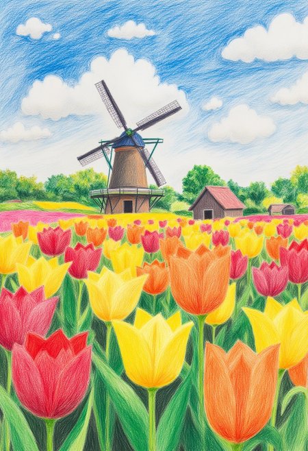 a field of tulips and a windmill in the distance, colorful crayon