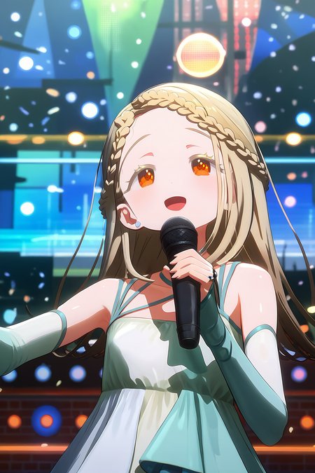 score 9, score 8 up, score 7 up, rating explicit,
detailed background, upperbody, skinny,
orange eyes, detailed eyes, blonde hair, open mouth, singing,
hiro shinosawa, dress, holding microphone, dress, light smile
shiny skin,  <lora:cavour.pony:1>