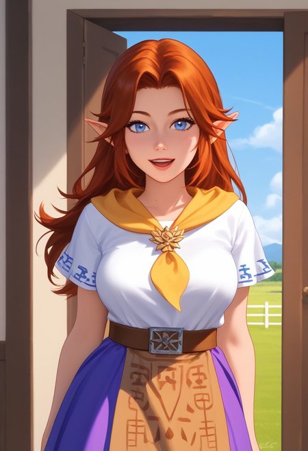 score_9, score_8_up, score_7_up, score_6_up, score_5_up, score_4_up, btimmsketch, sexy, (perfect round (big breasts)), through open door, bedroom, indoors night, dark, looking at viewer, masterpiece, cowboy Shot, <lora:Malon:1>, ((white dress:0.9)), <lora:malon-pdxl-nvwls-v1-000005:1>, ((red hair:0.9)), ((long hair:0.9)), ((pointy ears:0.9)), ((white shirt:0.9)), ((yellow neckerchief:0.9)), ((short sleeves:0.9)), ((belt:0.9)), ((purple skirt:0.9)), ((long skirt:0.9)), ((brown apron:0.9)), ((looking at you:0.9)), happy, field, fence, blue sky, clouds, upper body, smile, big breasts, open mouth, <lora:malon-illu-nvwls-v1:1>, ((mal0n:0.9)), ((auburn hair:0.9)), ((ccremia:0.9)),((parted bangs:0.9)),((brooch:0.9)),((plain shirt:0.9)),((blue trim:0.9)),((brown belt:0.9)),((belt buckle:0.9)),((brown waist apron:0.9)),<lora:cremia-nvwls-v1-000009:0.9>, ((cremia:0.9)),