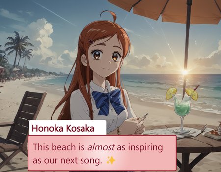 score_9_up, score_9, score_8_up, score_7_up, rating_explicit, , lora:748cmSDXL:1, best quality, masterpiece, perfect composition, official art, 748cmstyle, 1girl, diamond necklace, charm bracelets, holding a margarita in a wide brimmed coupette glass, margaarta glass, salted rim, mint green color drink, lime wedge on rim, looking at viewer, cute smile, dynamic pose, standing, beach scenery, seaside, twilight, bay, rocks, umbrella, beach chairs, beach lights, city lights in the distance, white plastic table, midnight blue sky with gold streaks, clouds, volumetric lighting, perfect lighting, correct illumination, dark lighting, warm light, chiaroscuro,, Expressiveh, concept art, realistic,, Honoka Kosaka, Orange hair, Shoulder-length hair, Side ponytail with orange ribbon, Amber eyes, Fair skin, Energetic appearance, School uniform attire, Orange-themed accessories, Slightly messy hairstyle, Noticeable ahoge, honoka