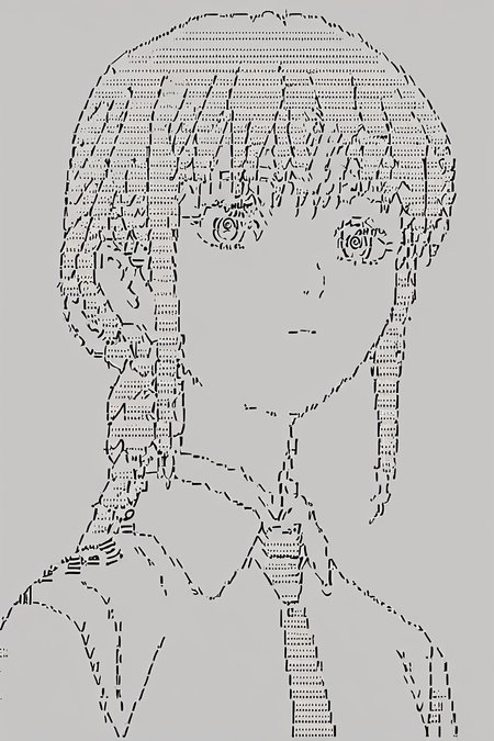 score_9, score_8_up, score_7_up, score_6_up, score_5_up, score_4_up,   <lora:mak1ma0XL_Pony_v1:1> , mak1ma0, braid, long hair, ringed eyes, collared shirt, necktie, 1girl,<lora:ascii_character:1>,  ascii_art_style, monochrome, greyscale, masterpiece, highres, white background, simple background