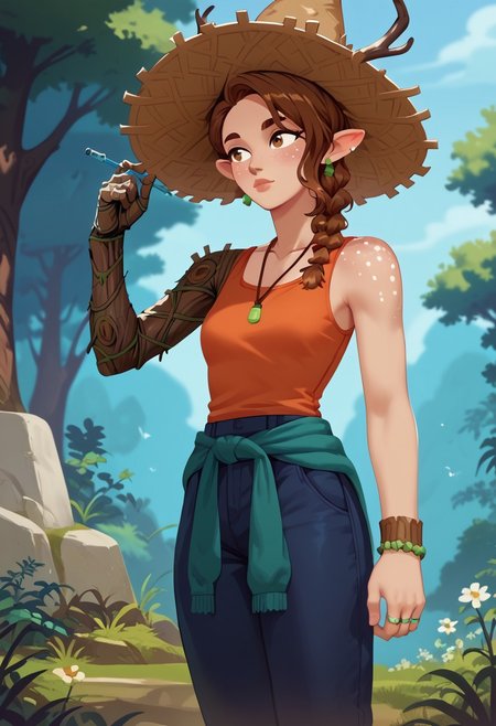 Score_10, Score_9, Score_8_up, Score_7_up, Score_6_up, 1girl, solo,
S4ffr0n,
brown eyes, brown hair, pointy ears, braid, antlers, small breasts, prothestic arm, single mechanical arm, deer ears, monster girl, thick eyebrows, lips, satyr legs,
straw hat, jewelry, clothes around waist, necklace, bracelets, blue pants, shirt, tank top, brown headwear, sleeveless, ring, earrings,