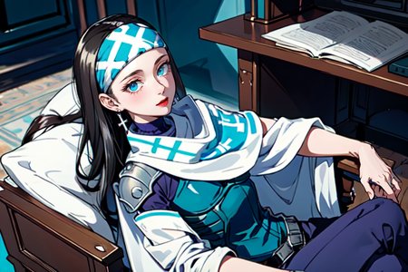 highly insanely detailed, masterpiece, top quality, best quality, highres, 4k, 8k, RAW photo, (very aesthetic, beautiful and aesthetic),  
beth_\(megami_tensei\),bethsmtii,shin megami tensei ii,long hair,black hair,straight hair,sleek black,jewelry,cross,headband,red_lipstick,white cape,cape_with_messian_symbol,Religious_cape,messian_symbol_cape,holy_knight_cape,Blue_dress,armored_corset,blue shirt,messian_cross_earrings,cross_earrings,religious_earrings,messian_symbol_jewelry,bandana_with_messian_symbol,Religious_bandana,symbol_headband,messian_church_bandana, 
<lora:zs_Beth:0.7>, 
(1girl:1.3), 1other, 
Study,Quiet room with low seating cushions,scroll-filled shelves lining the walls,a small writing desk with ink pots and papyrus scrolls,intricate woven rugs,and decorative hieroglyphic carvings,pure blue background,pure cyan background,(dripping colors background,bold color background,EPtiedyeworld,tie-dye color background),âââ