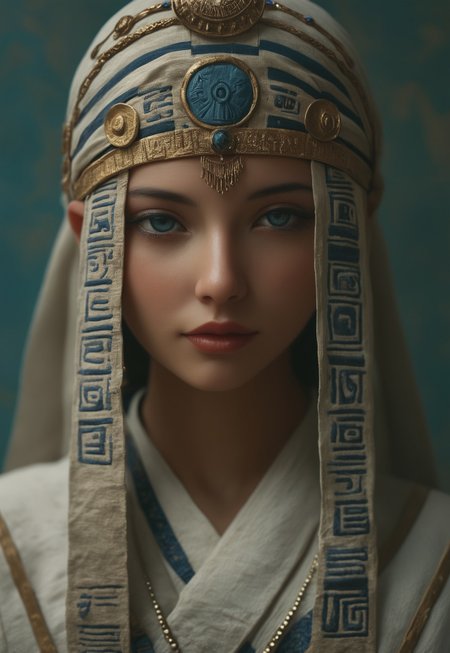 masterpiece, best quality, highly detailed, score_9, score_8_up, score_7_up, Expressiveh, 
Envision a close-up portrait of a female figure wrapped in ancient, hieroglyph-covered cloth, surrounded by a cold, polygonal blue background. The fabric is aged, with cobwebs adorning its edges, and each hieroglyph is meticulously detailed, adding layers of mystery to the figure. Only their eyes are visible, emanating an otherworldly presence that contrasts sharply with the sharp, crystalline facets of the background. The blue gradient ranges from icy whites to deep navy, giving a sense of an endless, frozen landscape. The detailed textures of the fabric and the clarity of the background facets make the scene feel tangible, as if the figure were a relic preserved within a digital prism. This fusion of ancient and modern aesthetics invokes a haunting and futuristic atmosphere, a glimpse into a world where the past is locked within an icy, geometric void.
<lora:Dynamic Poses:1> 
<lora:detailed_notrigger:1>
 (((full clothed))),